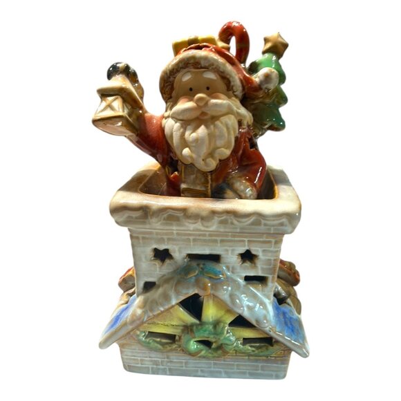 Elements Santa Going Down Chimney W/ Lantern Rooftop Ceramic Christmas Figurine - Picture 9 of 11